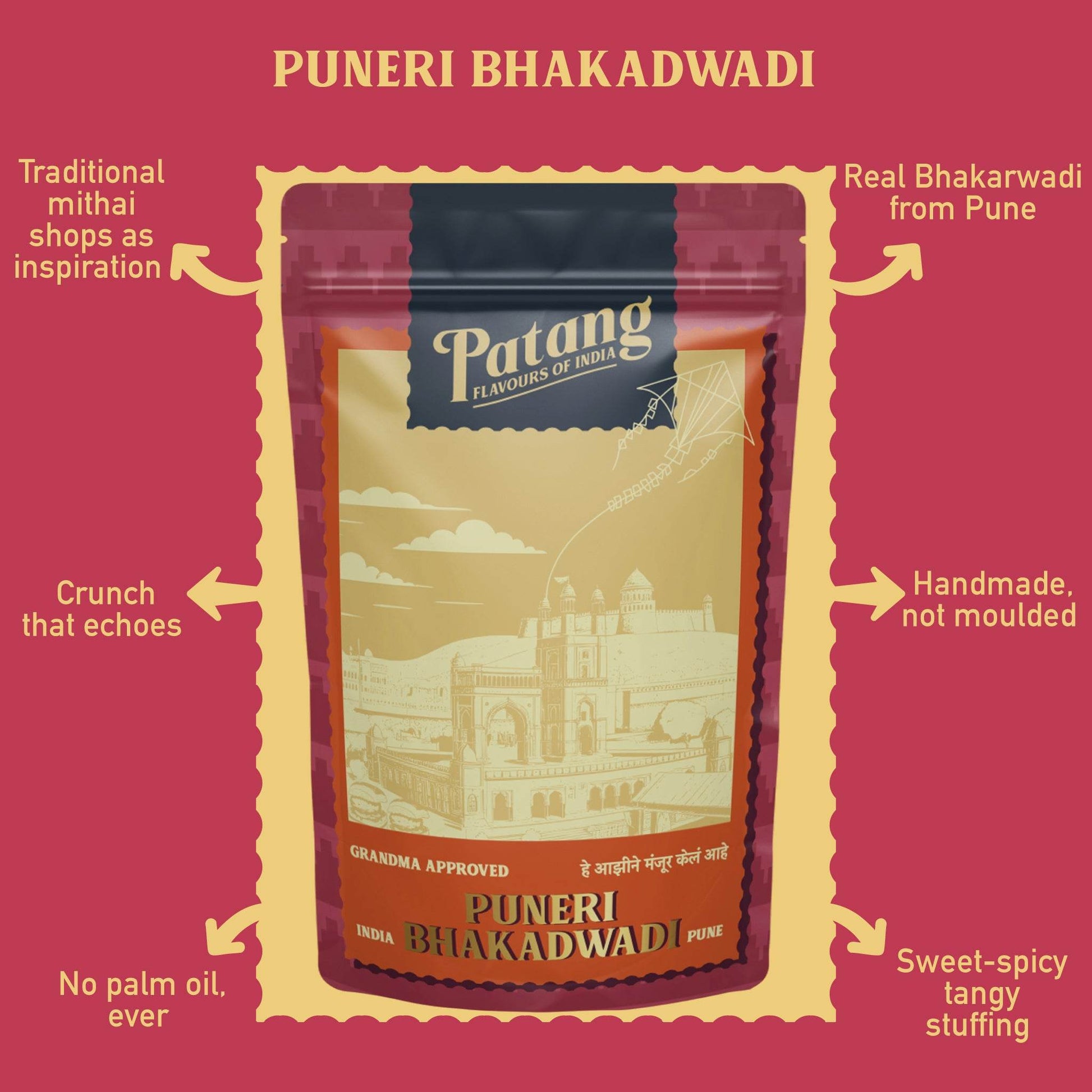 Patang Puneri Bhakadwadi packaging on a red background with text describing features.