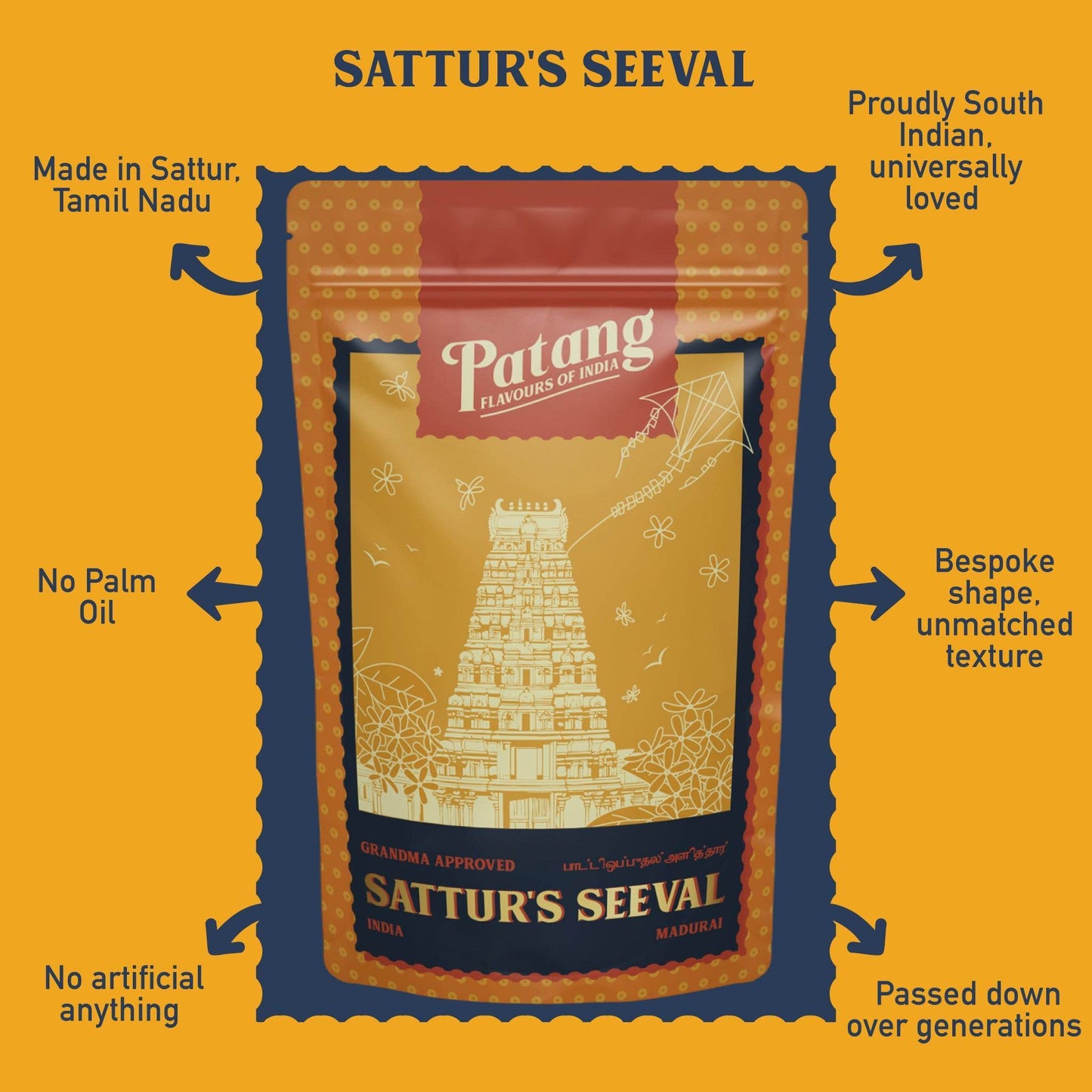 Patang Sattur's Seeval packaging with product details on a yellow background