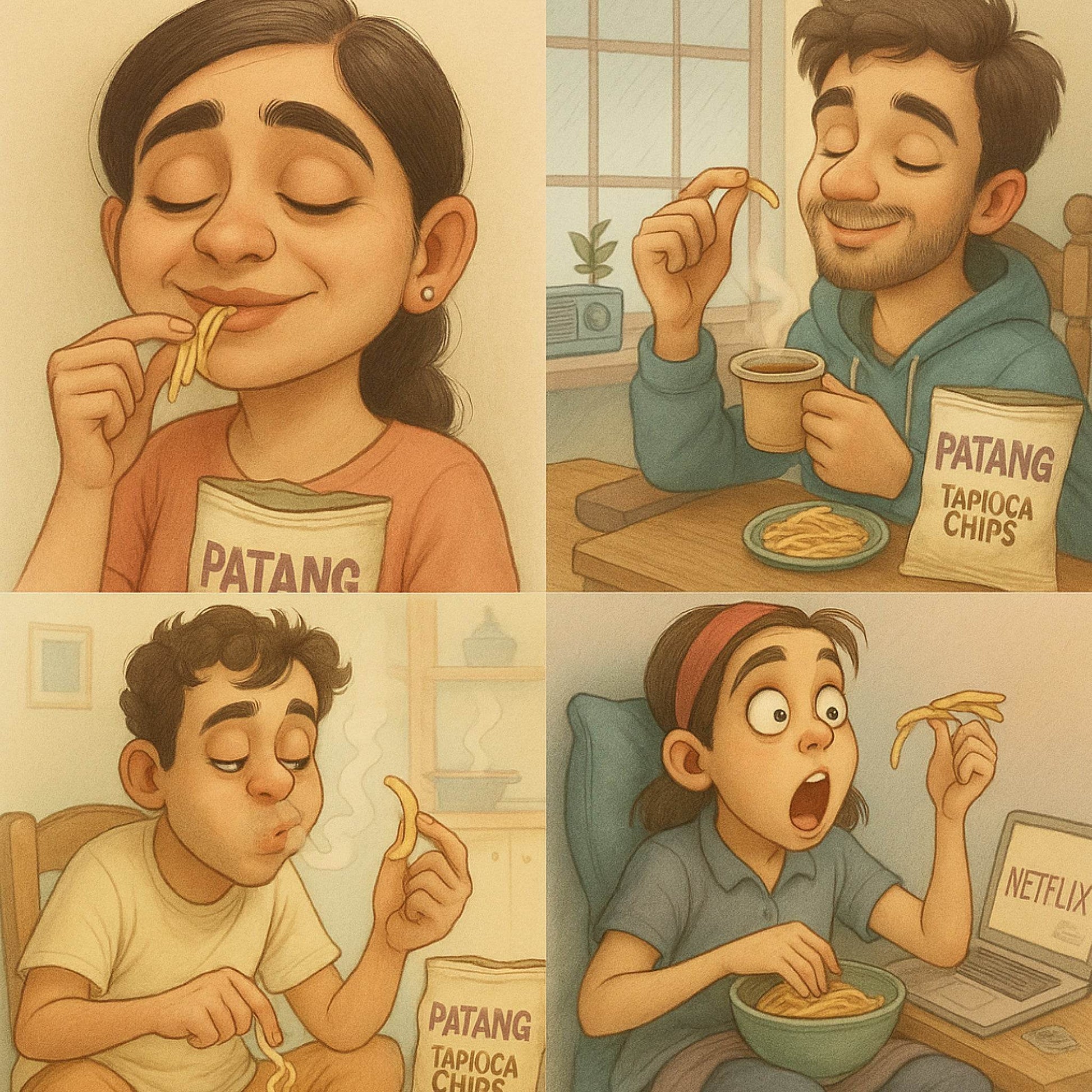 Illustrations of a person enjoying Patang tapioca chips in various settings.