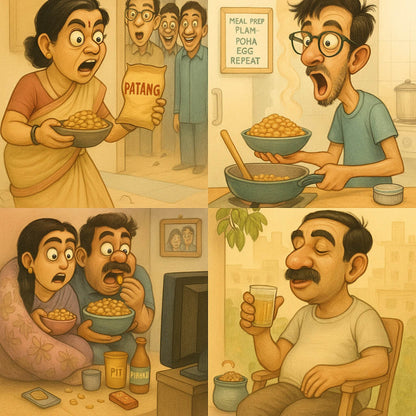 Cartoon sequence showing a family eating Patang and reacting to it.