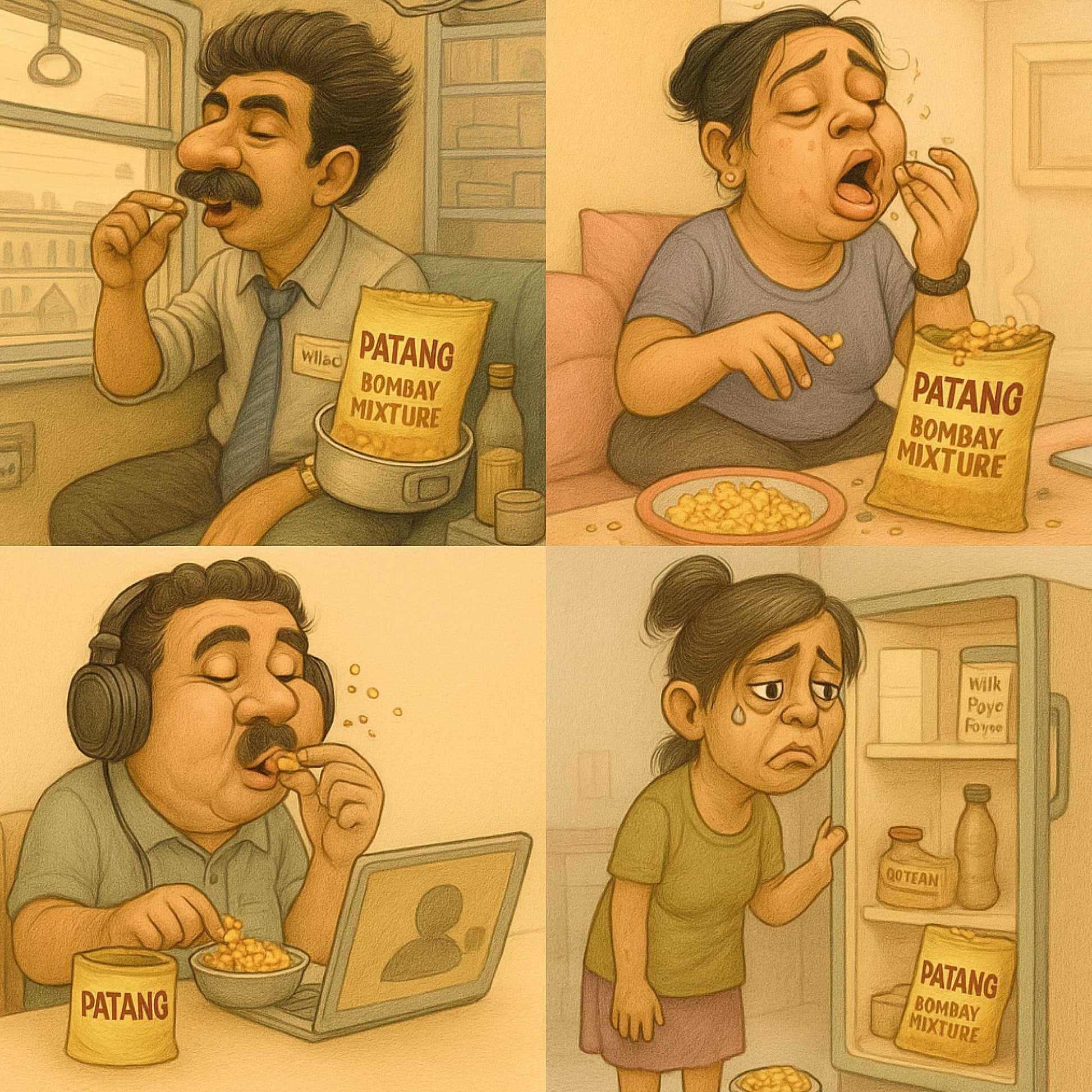 Cartoon-style illustration of a family enjoying Patang Bombay Mixture in different settings.