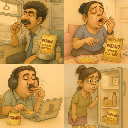 Cartoon-style illustration of a family enjoying Patang Bombay Mixture in different settings.