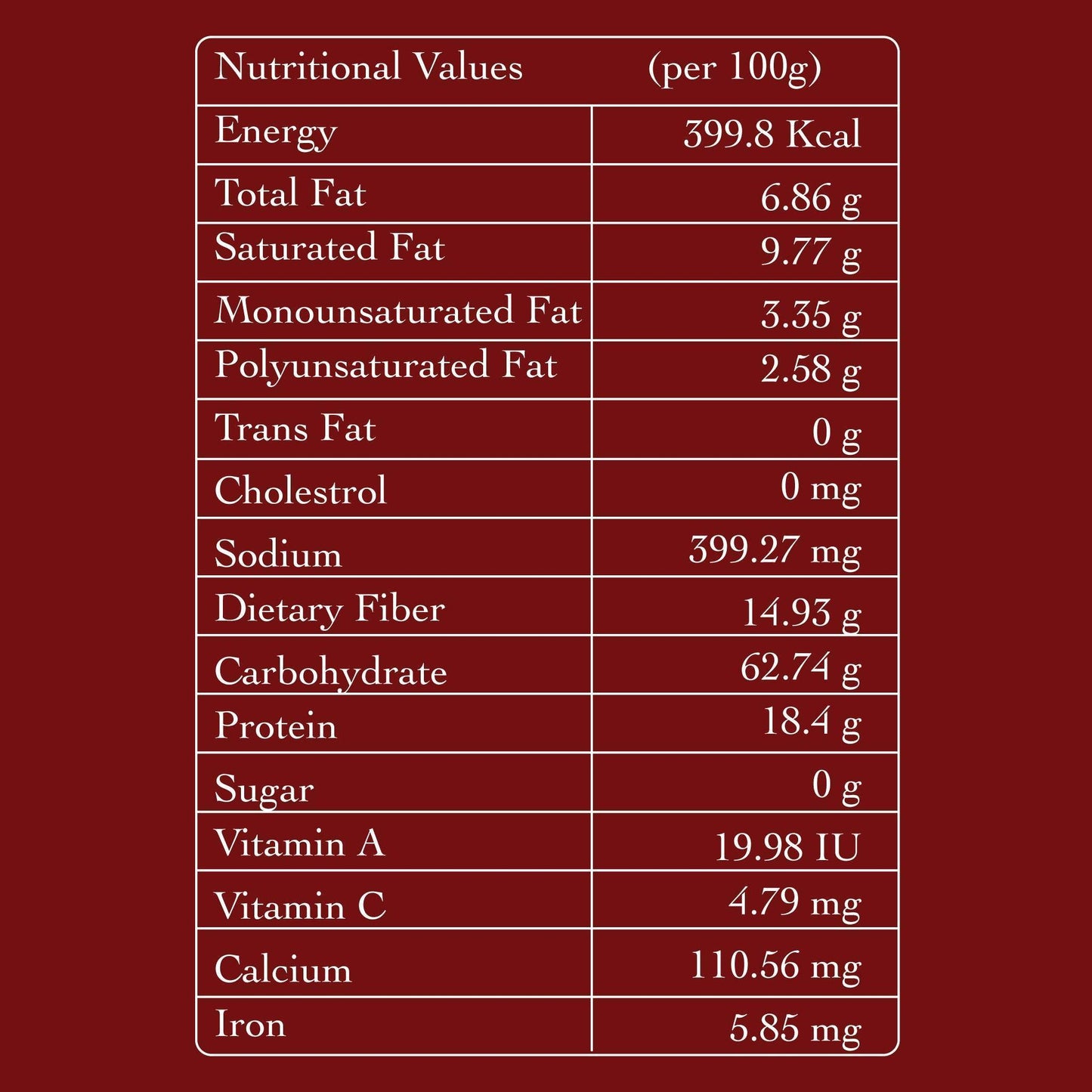 Nutritional values per 100g on a red background