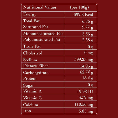 Nutritional values per 100g on a red background