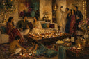 Painting of a family gathering in a living room with candles and wine dor diwali