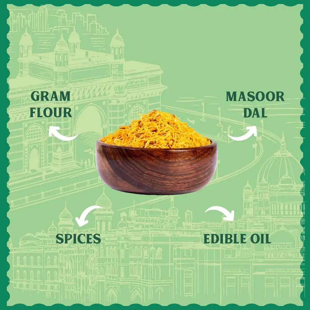 List of ingredients for Bambai Mixture showing authentic besan sev and peanuts cooked in premium groundnut oil