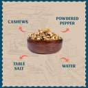 Premium ingredients of Thoothukudi Pepper Cashews featuring whole roasted kaju, authentic black pepper, and water
