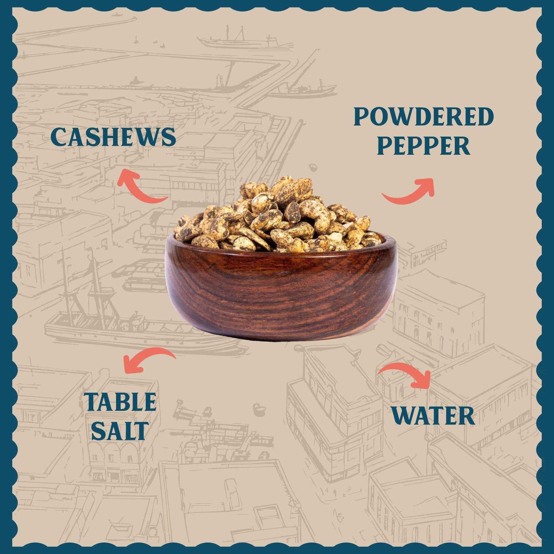 Premium ingredients of Thoothukudi Pepper Cashews featuring whole roasted kaju, authentic black pepper, and water