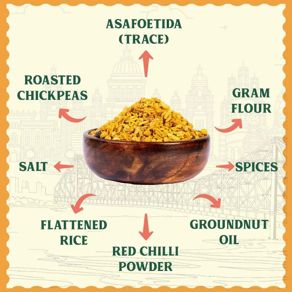 Clean ingredients in Calcutta Chanachur - premium chana dal, peanuts, and Indian spices fried in pure groundnut oil