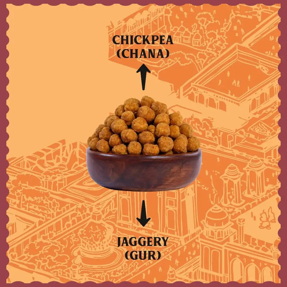 Clean ingredients for Dilli Gur Chana showing only premium roasted chickpeas and natural jaggery
