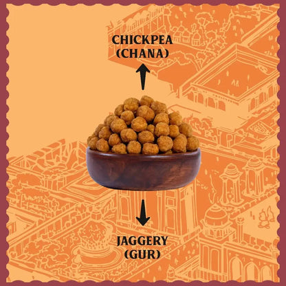 Clean ingredients for Dilli Gur Chana showing only premium roasted chickpeas and natural jaggery
