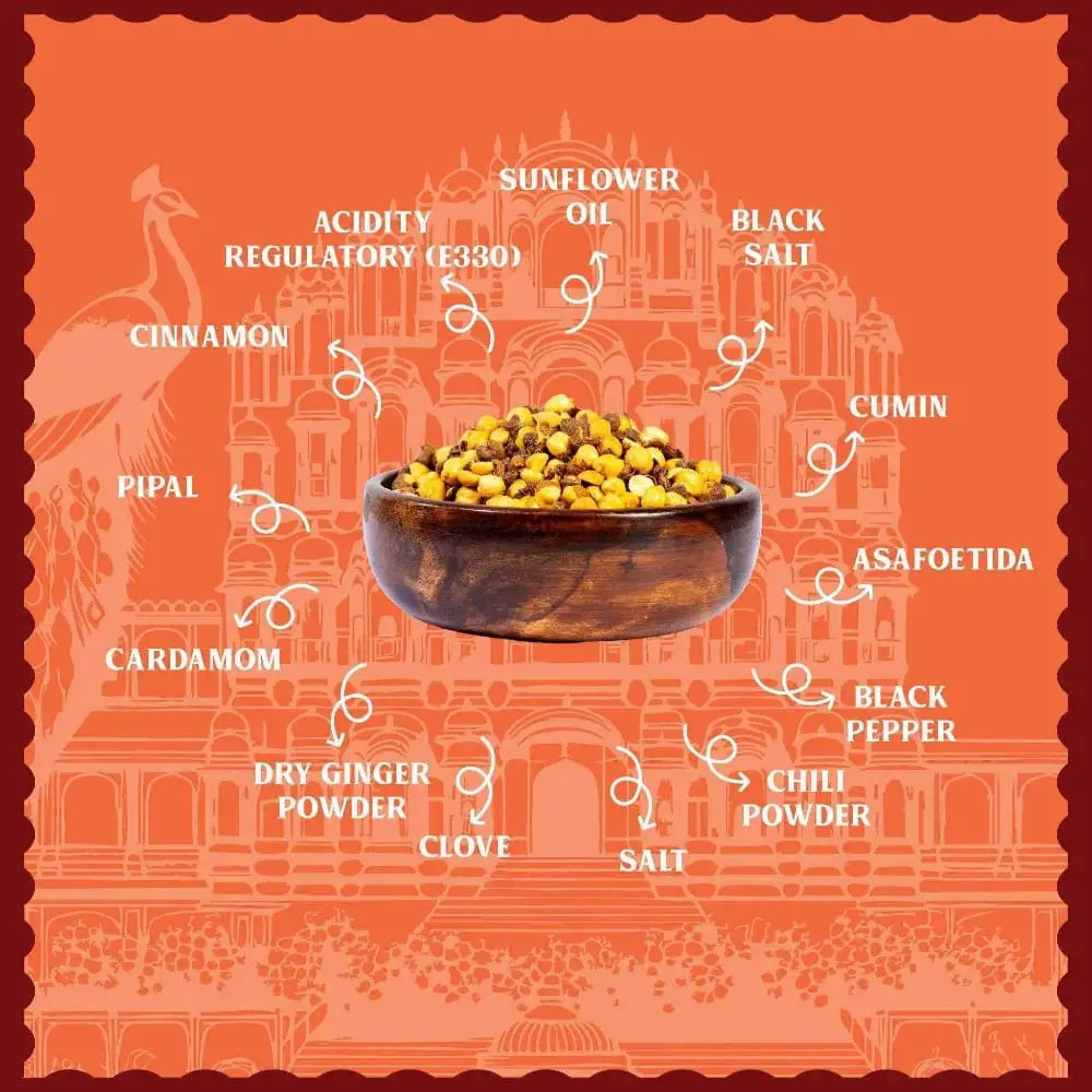 Natural ingredients of Jaipuri Hing Chana showing roasted chana, pure asafoetida spice, and 100% sunflower oil