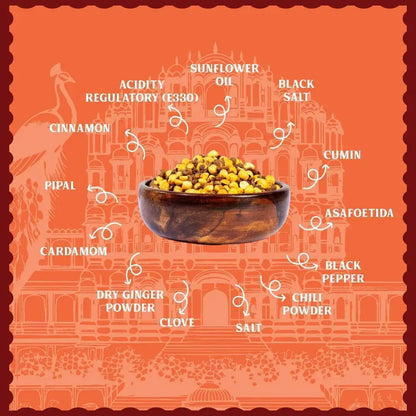 Natural ingredients of Jaipuri Hing Chana showing roasted chana, pure asafoetida spice, and 100% sunflower oil