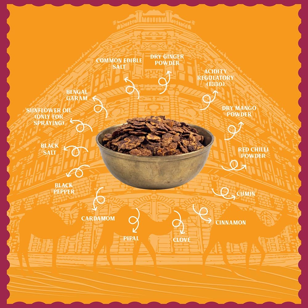Clean ingredients of Bikaneri Jor Garam featuring roasted chana, authentic spices, and pure groundnut oil without palm oil