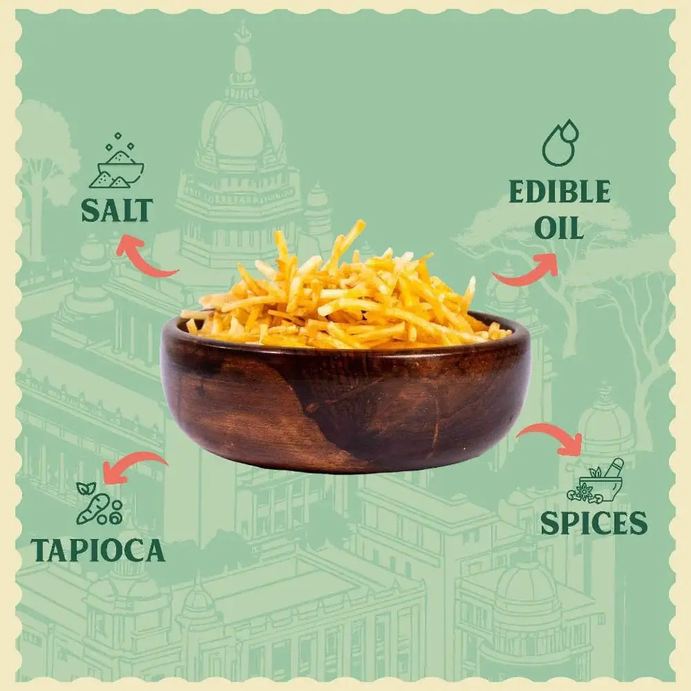 Simple ingredients of Bengaluru Tapioca Chips showing premium sliced cassava root, sea salt, and 100% groundnut oil