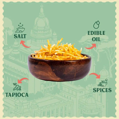 Simple ingredients of Bengaluru Tapioca Chips showing premium sliced cassava root, sea salt, and 100% groundnut oil