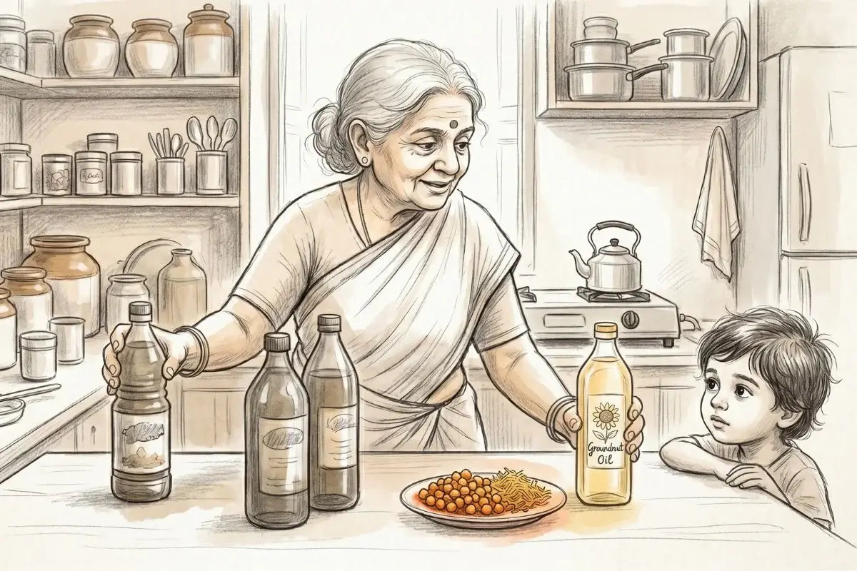Woman in a kitchen holding a bottle of oil, a child looks on