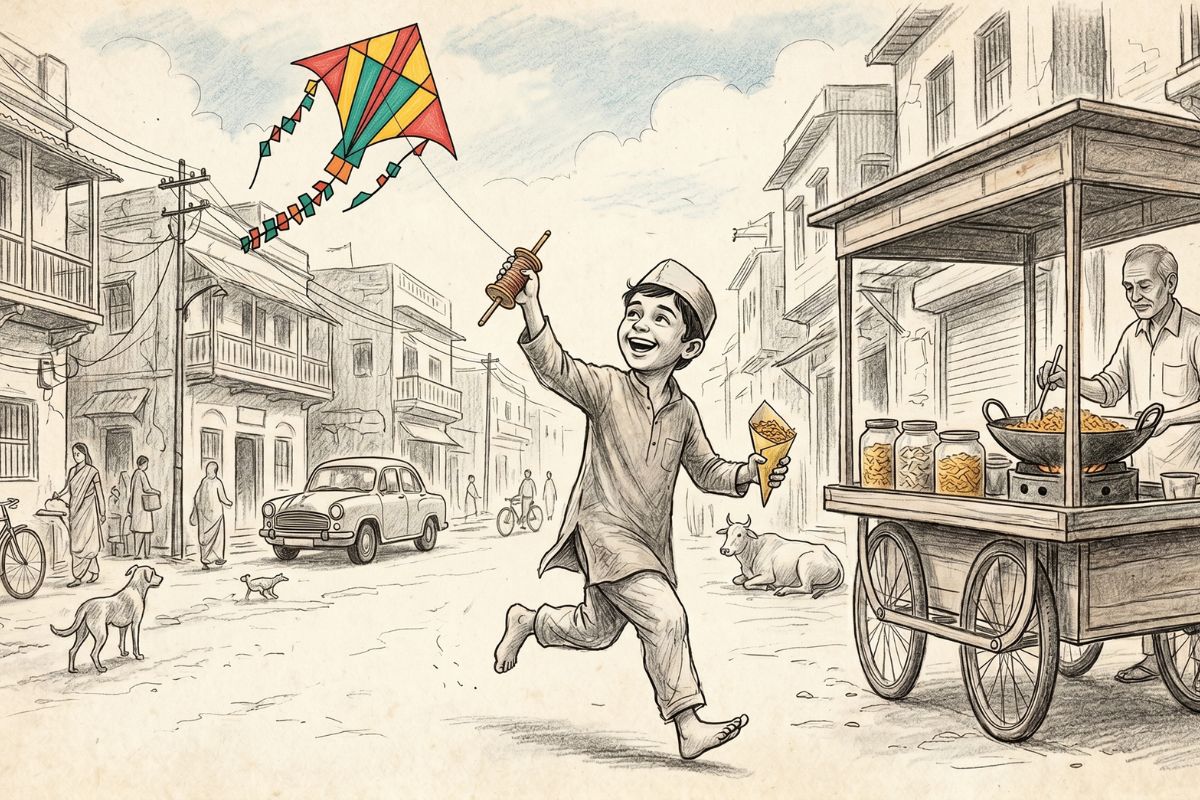 Boy flying a kite and holding a snack cone, running past a street food vendor and buildings