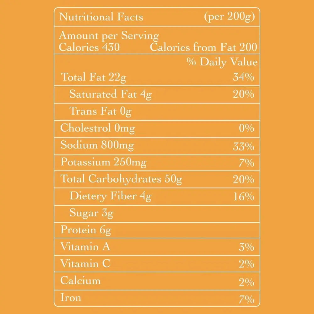 Nutrition facts for Calcutta Chanachur showing a healthy Indian snack with zero artificial preservatives and no palm oil