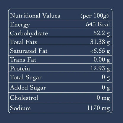 Nutrition label for Sattur Seeval showing a healthy regional Indian savory snack with zero palm oil