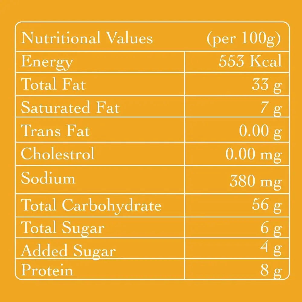 Nutrition facts for Kolhapuri Bhadang showing a low calorie, zero palm oil healthy Indian snack for weight loss