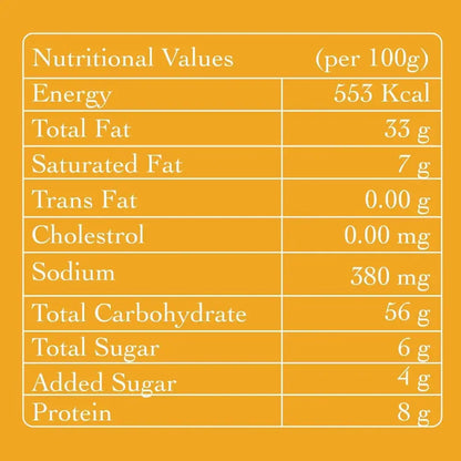 Nutrition facts for Kolhapuri Bhadang showing a low calorie, zero palm oil healthy Indian snack for weight loss