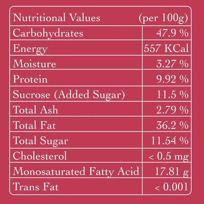 Nutritional information label for Bhakarwadi - a clean label Indian snack free from palm oil and preservatives