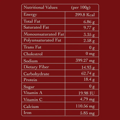 Nutritional information for Jaipuri Hing Chana highlighting a high protein diet namkeen free from palm oil