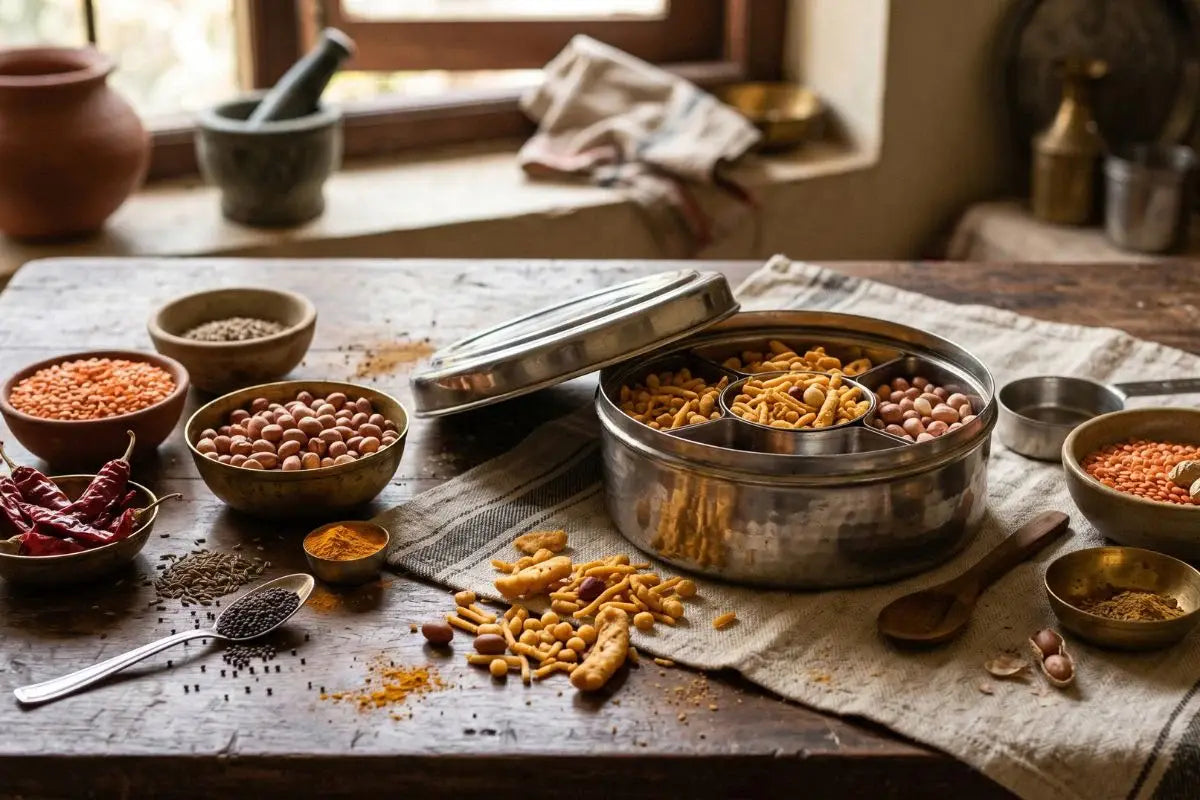 Table with bowls of lentils, peanuts, dried chilies, spices, and a metal container of snacks
