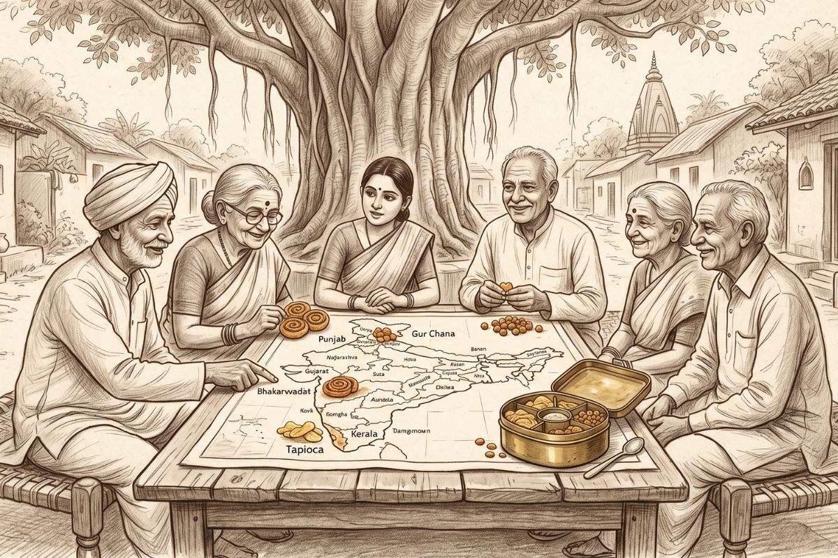 Six people gathered around a map of India with various foods on it