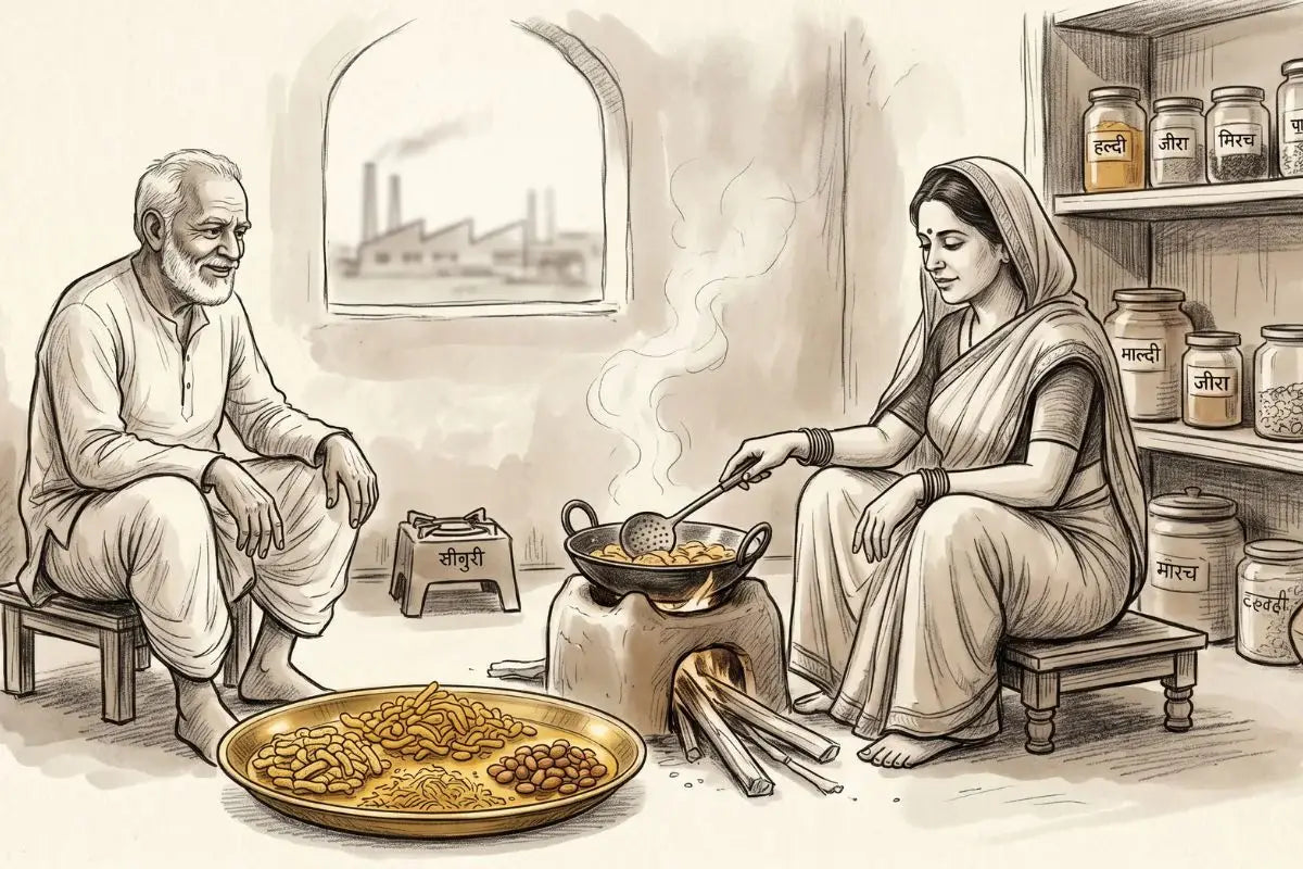 Man and woman cooking traditional Indian food over an open fire